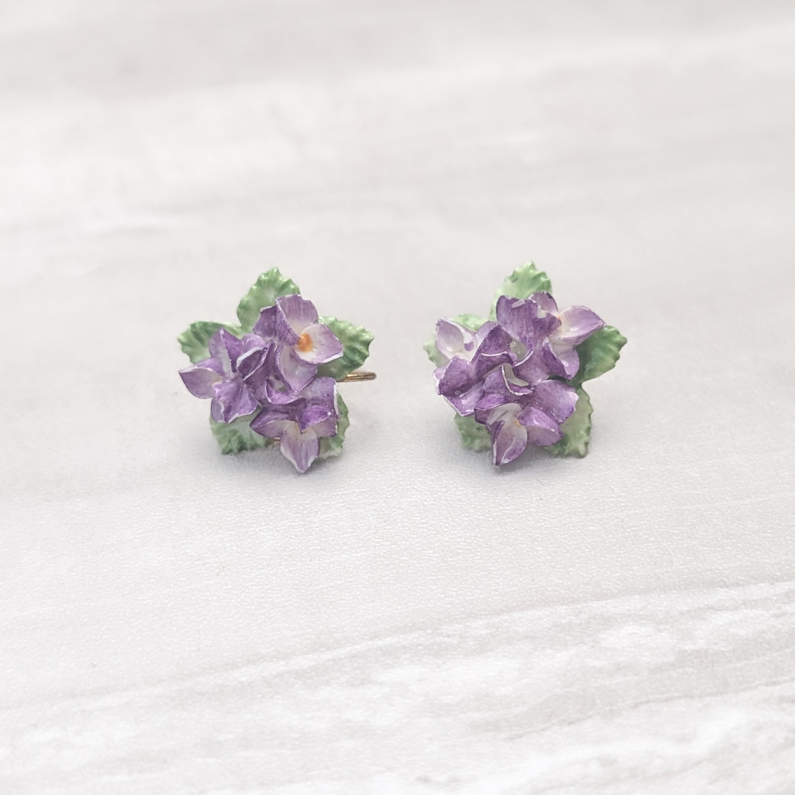 Vintage Coalbrook England Screw On Earrings Porcelain Purple Flowers